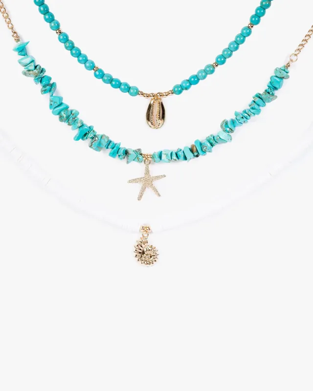 Blue Beaded Beach Charm 3 Layer Necklace sold by Collete Hayman