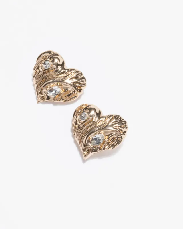 Gold Crystal Ribbed Heart Stud Earrings sold by Collete Hayman