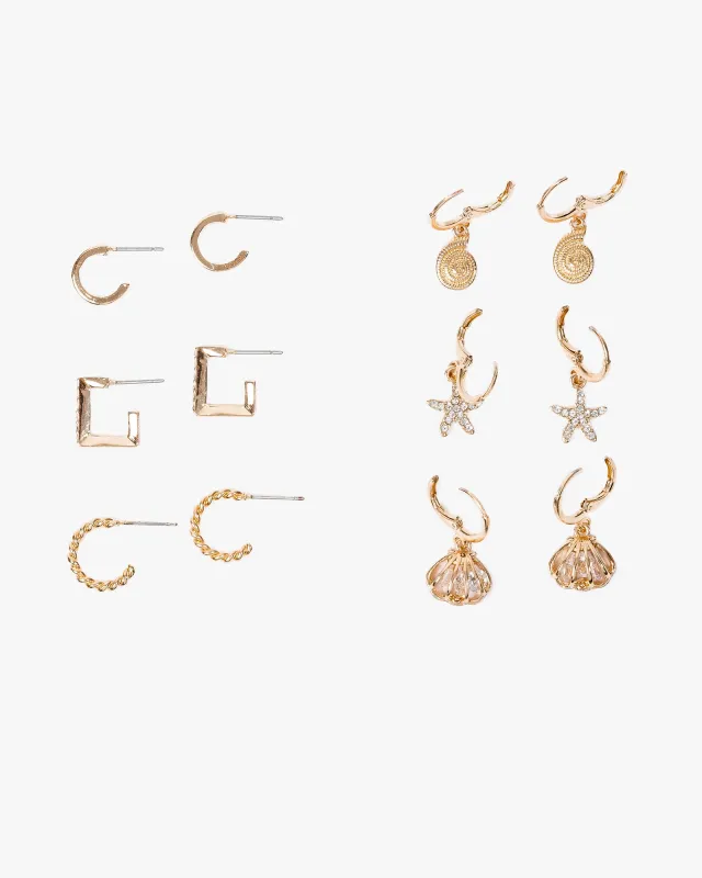 Gold Embellished Sea Motif 6 Pack Earrings sold by Collete Hayman