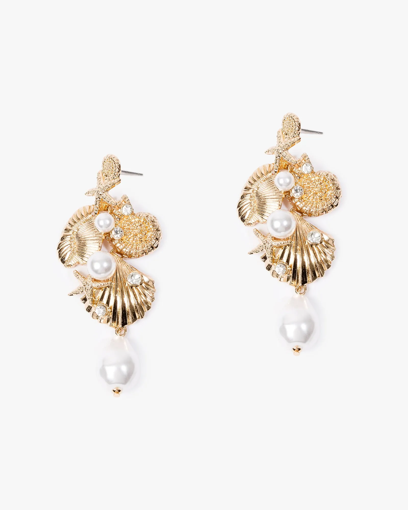 Gold Pearl Embellished Sea Charm Drop Earrings sold by Collete Hayman