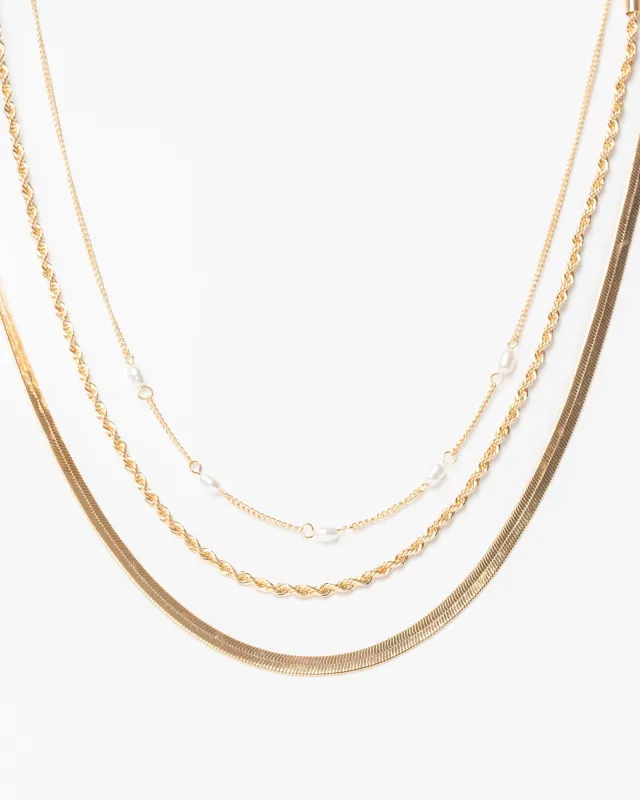 Gold Pearl Drop Twisted Chain 3 Pack Necklace sold by Collete Hayman