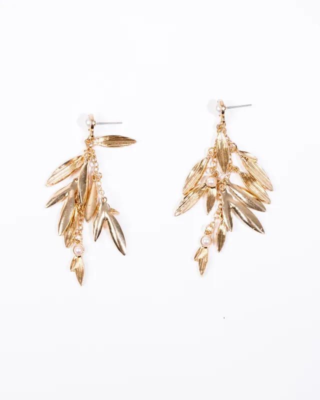 White Pearl Beaded Leaf Tassel Earrings sold by Collete Hayman