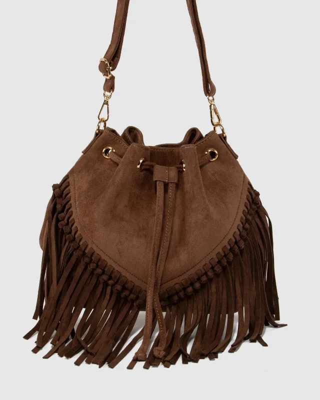 Chocolate Giselle Fringe Bucket Bag sold by Collete Hayman