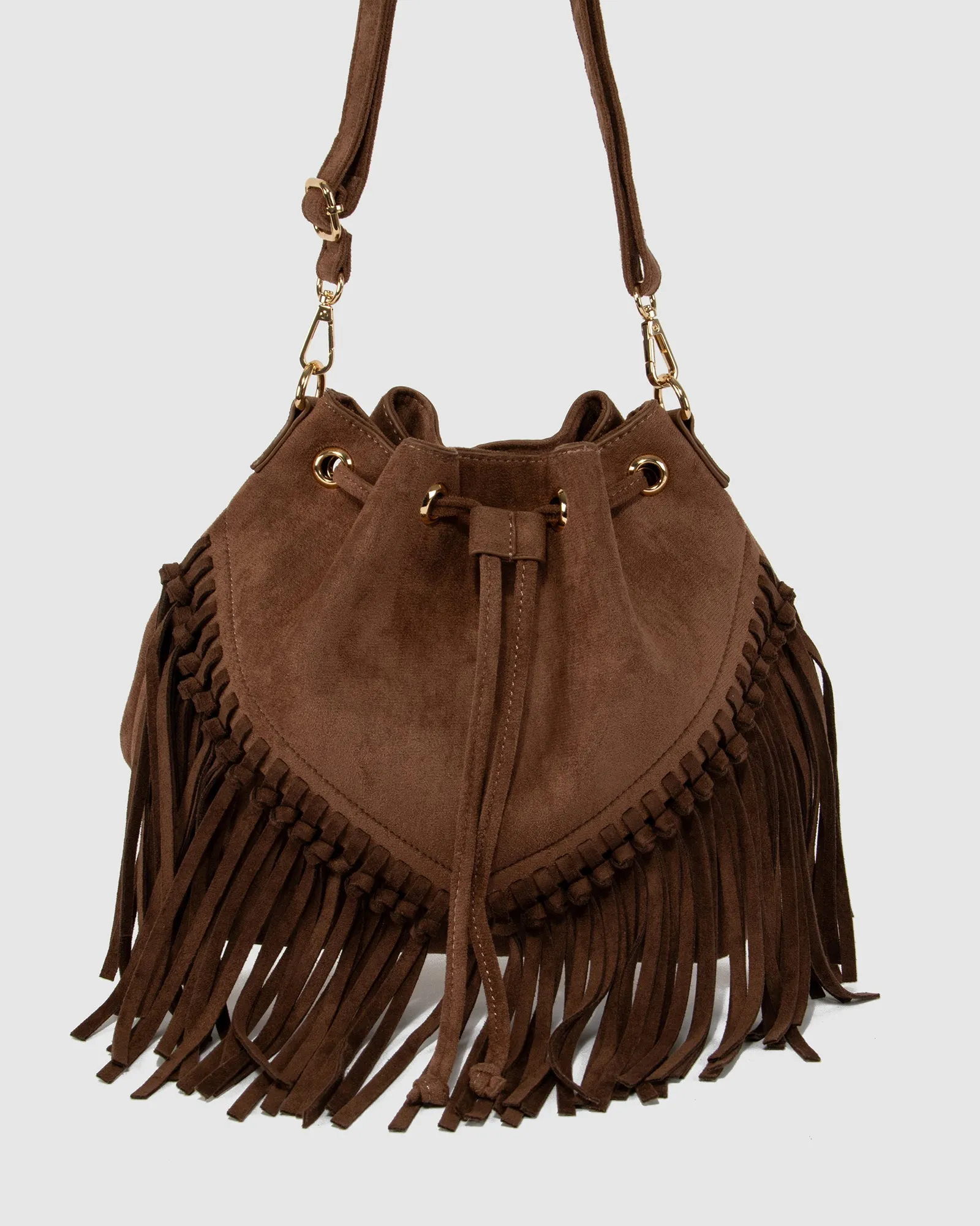 Chocolate Giselle Fringe Bucket Bag sold by Collete Hayman
