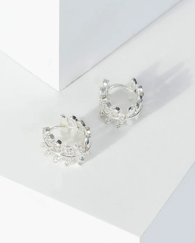 Silver Cubic Zirconia Diamante Leaf Half Hoop Earrings sold by Collete Hayman