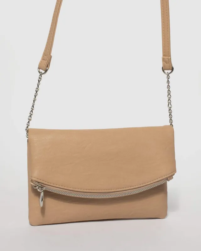 Beige Smooth Zoe Foldover Clutch Bag With Silver Hardware sold by Collete Hayman