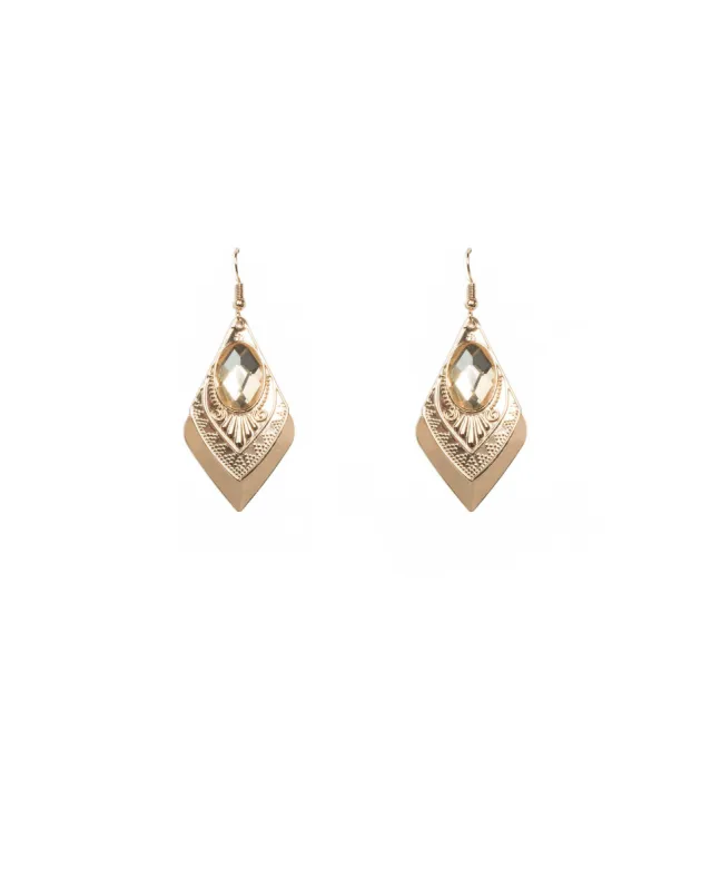 Gold Tone Oval Stone On Fine Aztec Metal Earrings sold by Collete Hayman