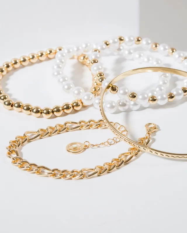 White Multi Layer Pearl Chain Bracelet Pack sold by Collete Hayman
