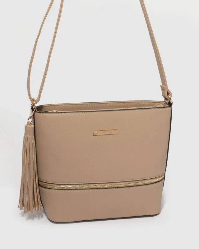 Taupe Pia Tassel Medium Crossbody Bag sold by Collete Hayman