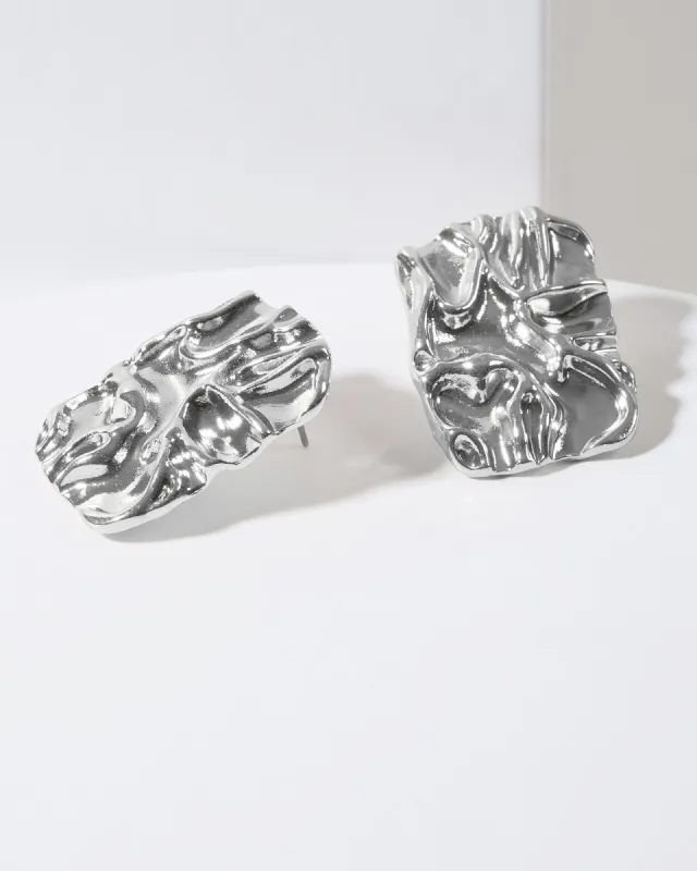 Silver Textured Square Large Stud Earrings sold by Collete Hayman