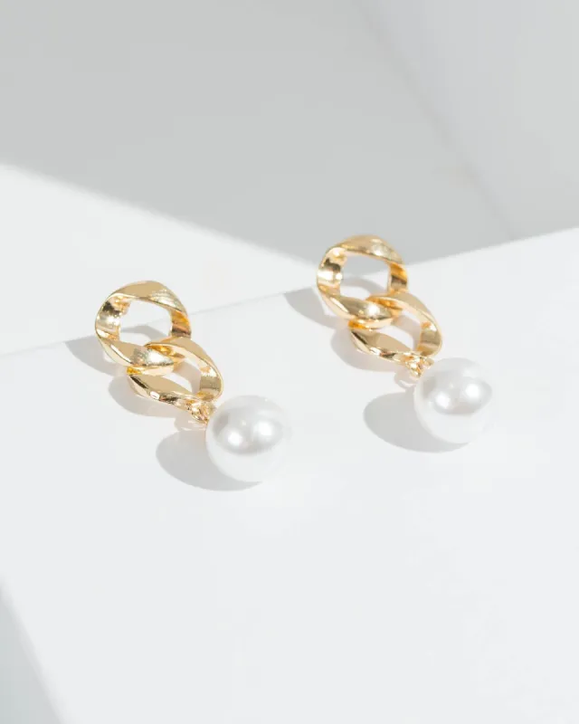 Gold Double Metal Link Pearl Drop Earrings sold by Collete Hayman