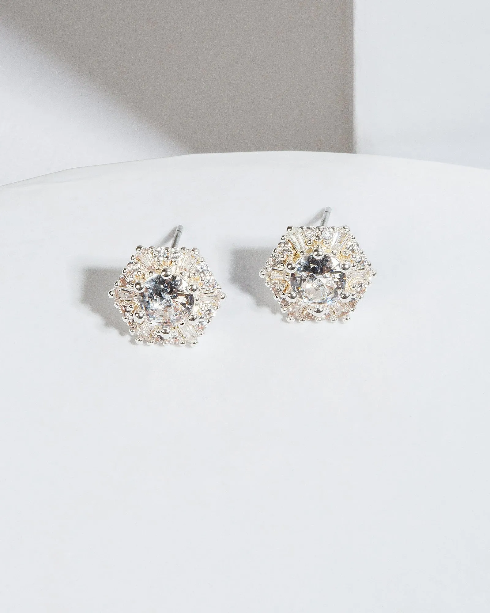 Silver Cubic Zirconia Crystal Hexagon Stud Earrings sold by Collete Hayman