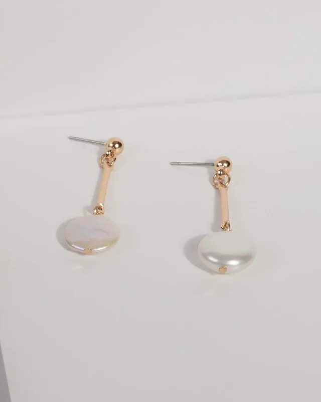 Gold Plated Organic Pearl Drop Bar Earrings sold by Collete Hayman