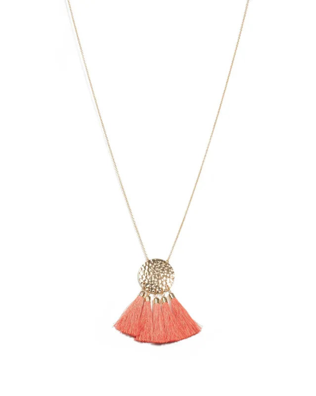 Coral Gold Tone Hammered Disk Drop Tassel Necklace sold by Collete Hayman