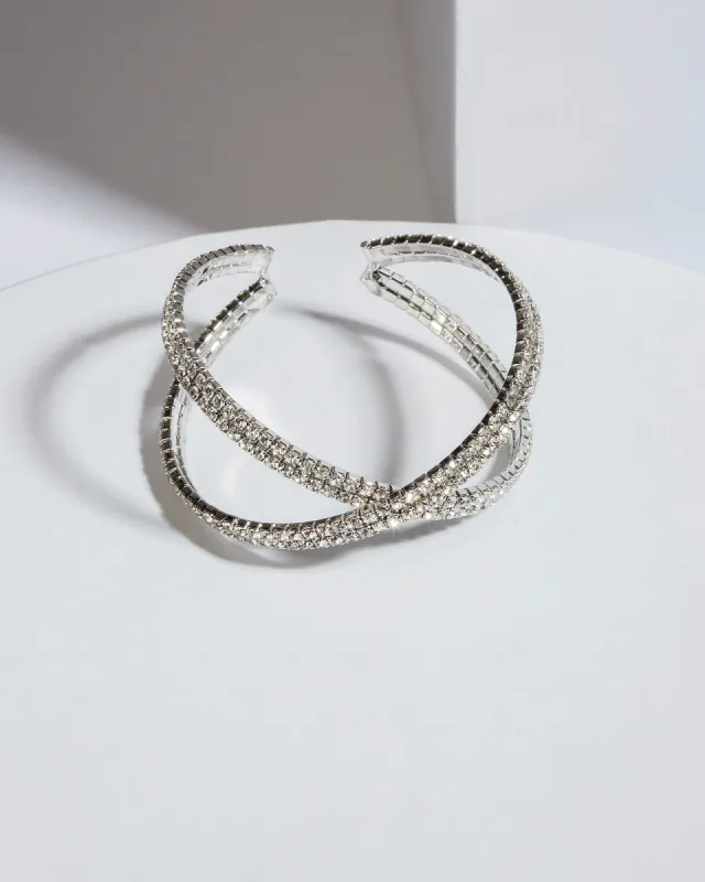 Crystal Crossover Double Row Cuff Rhodium Bracelet sold by Collete Hayman