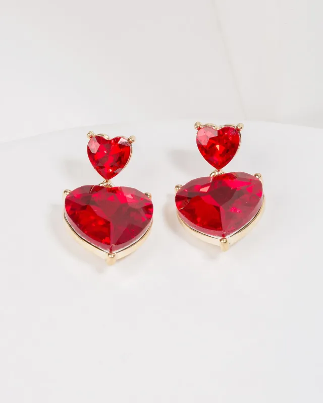 Red Small Double Crystal Heart Drop Earrings sold by Collete Hayman