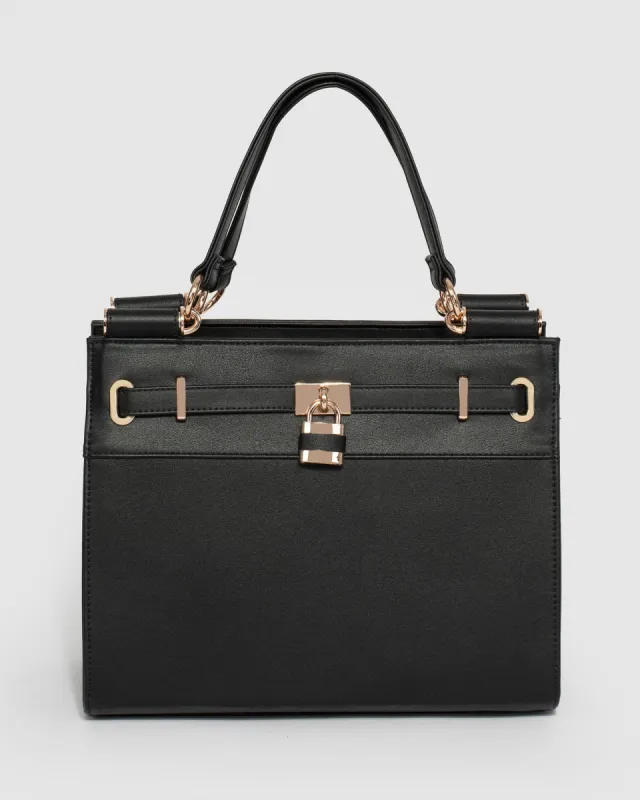 Black Stephanie Square Lock Tote Bag sold by Collete Hayman