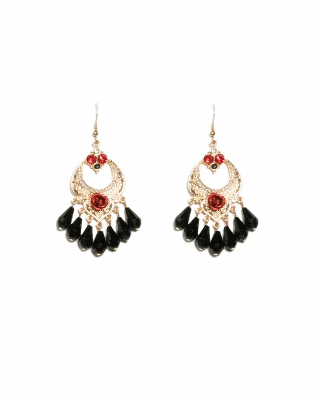 Red Gold Tone Metal Rose Detailed Statement Earrings sold by Collete Hayman