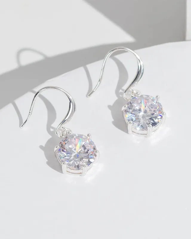 Silver Cubic Zirconia Round Crystal Hook Earrings sold by Collete Hayman
