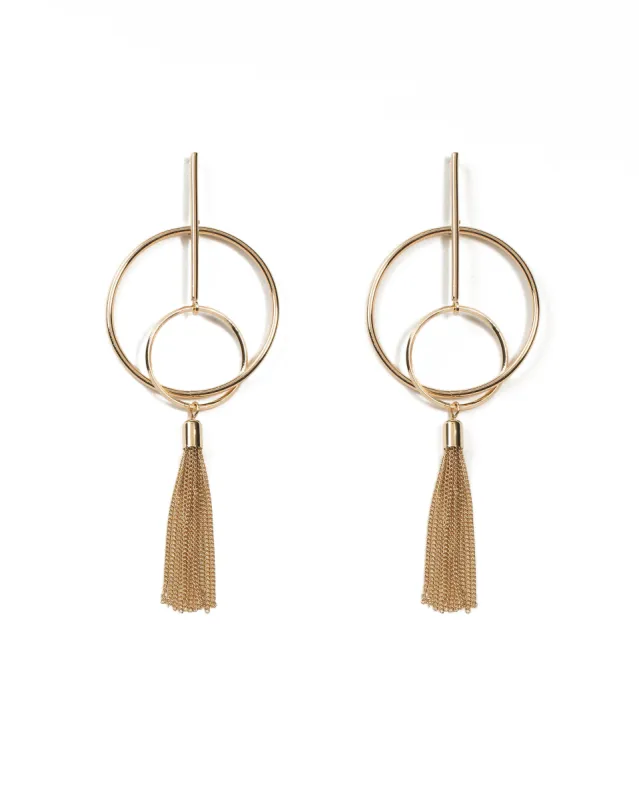 Gold Tone Circle On Bar Metal Tassel Statement Earrings sold by Collete Hayman