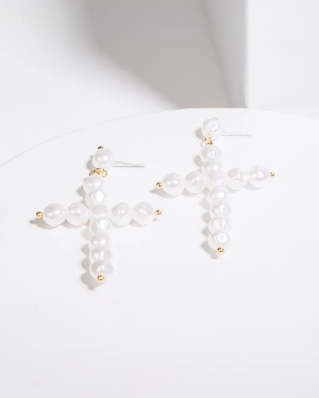 White Pearl Cross Statement Earrings sold by Collete Hayman