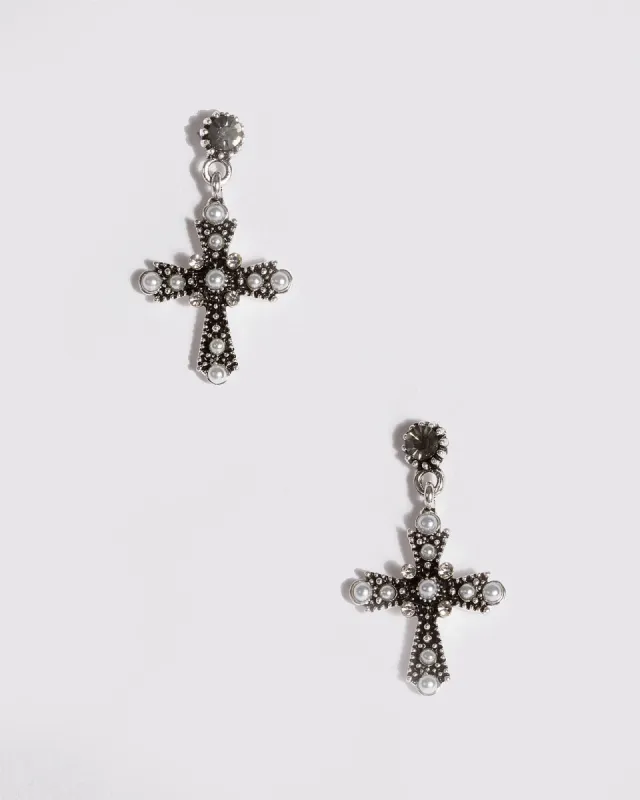 Silver Pearl Mini Cross Stud Earrings sold by Collete Hayman
