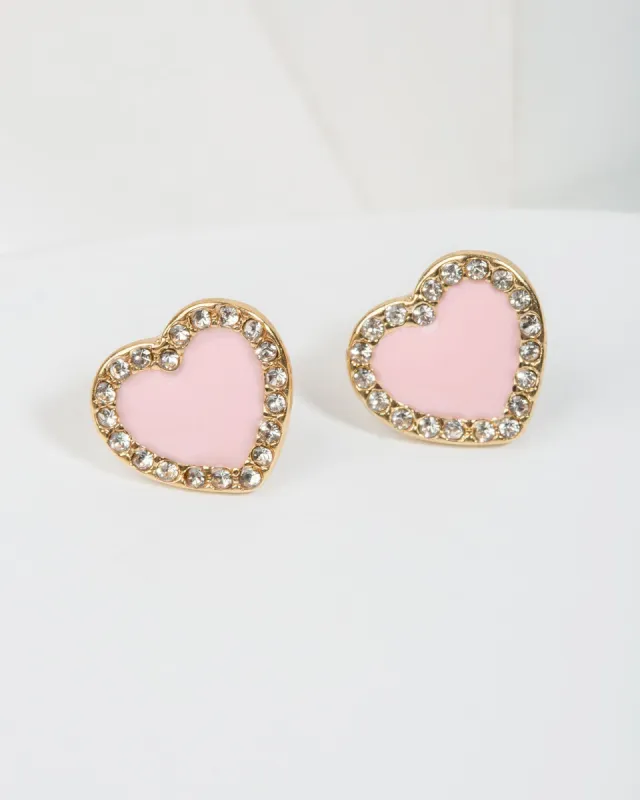 Pink Crystal Outline Love Heart Stud Earrings sold by Collete Hayman