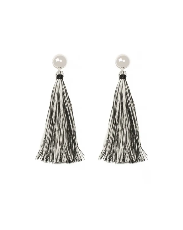 Monochrome Silver Tone Button Stud Long Tassel Earrings sold by Collete Hayman