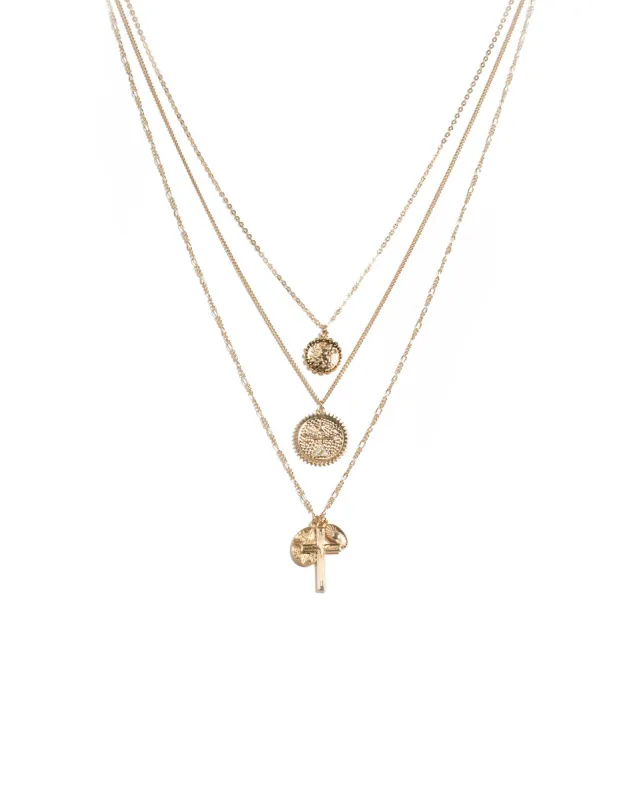 Gold Tone Coin And Cross Pendant Layered Necklace sold by Collete Hayman