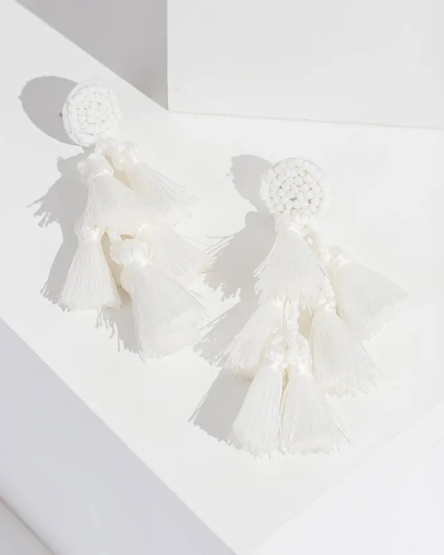 White Beaded Tassel Drop Earrings sold by Collete Hayman