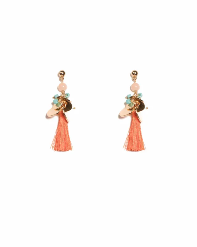 Multi Colour Gold Tone Flat Disc Stone Tassel Earrings sold by Collete Hayman