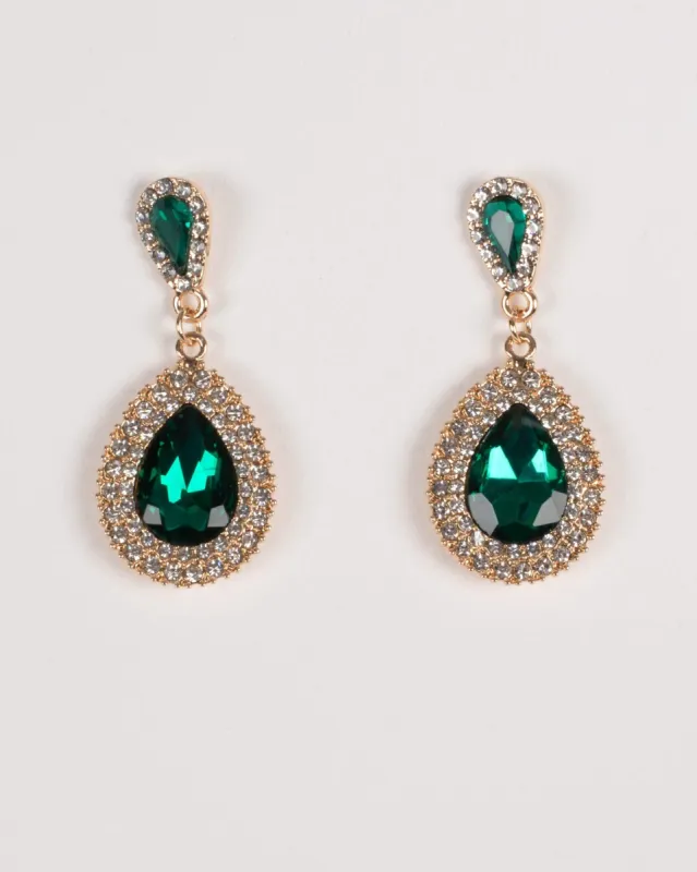 Green Gold Tone Teardrop Diamante Pendant Stud Earrings sold by Collete Hayman