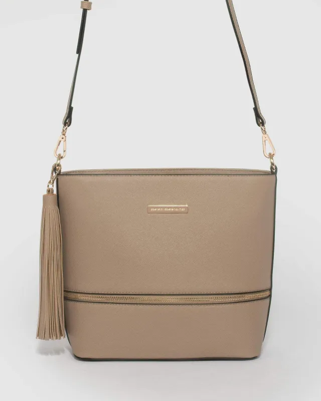Taupe Pia Tassel Medium Cross Body Bag sold by Collete Hayman