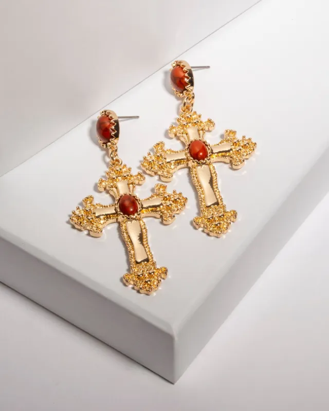 Brown Stone Cross Drop Earrings sold by Collete Hayman