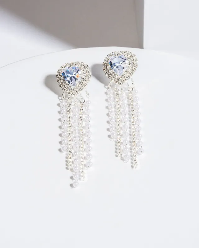 Crystal Heart Pearl Tassel Drop Earrings sold by Collete Hayman