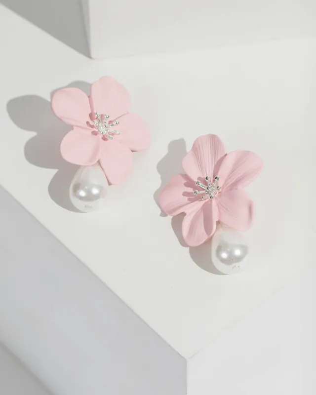 Pink Flower Pearl Drop Earrings sold by Collete Hayman