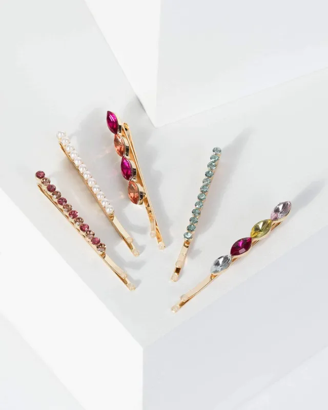 Multi Colour 5 Pack Thin Crystal And Pearl Hair Slides sold by Collete Hayman
