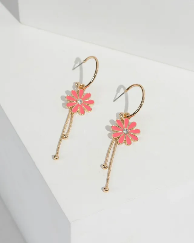 Gold Chain Daisy Detail Drop Hoop Earrings sold by Collete Hayman