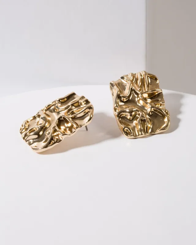 Gold Textured Square Large Stud Earrings sold by Collete Hayman