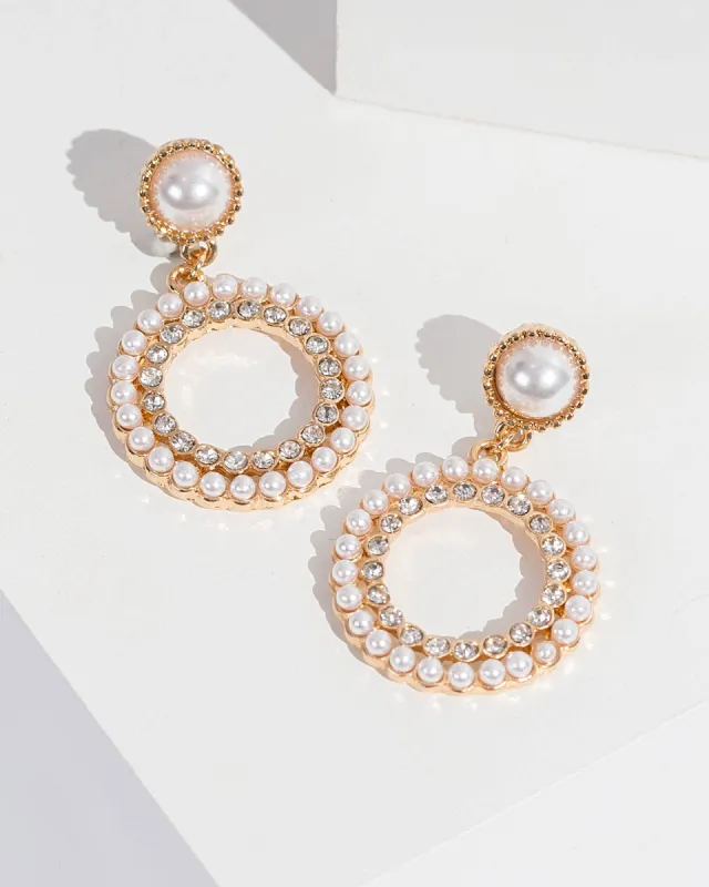 White Pearl Crystal Halo Drop Earrings sold by Collete Hayman