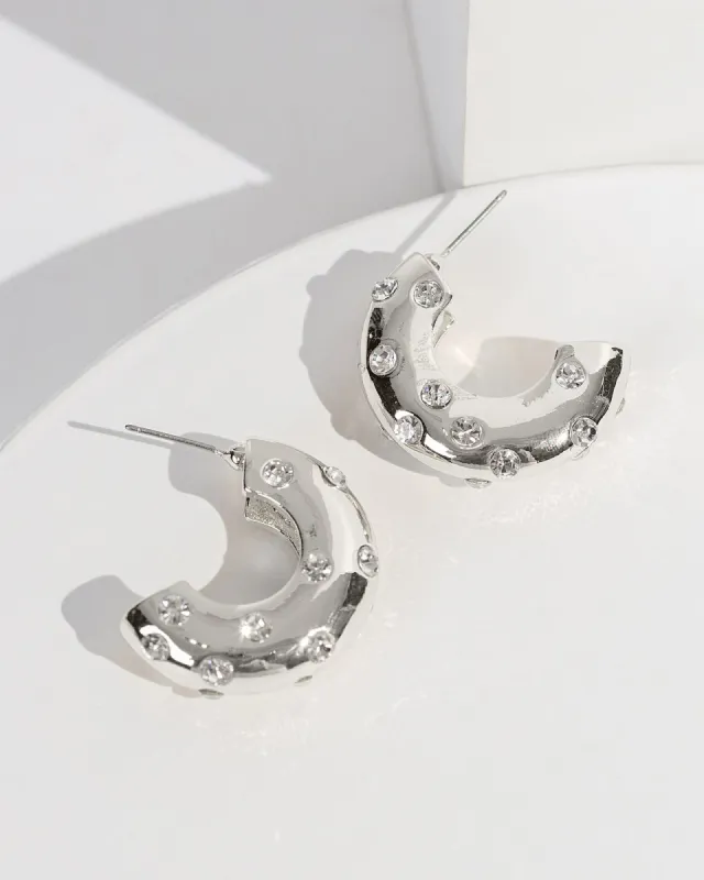 Silver Diamond Studded Chunky Hoop Earrings sold by Collete Hayman