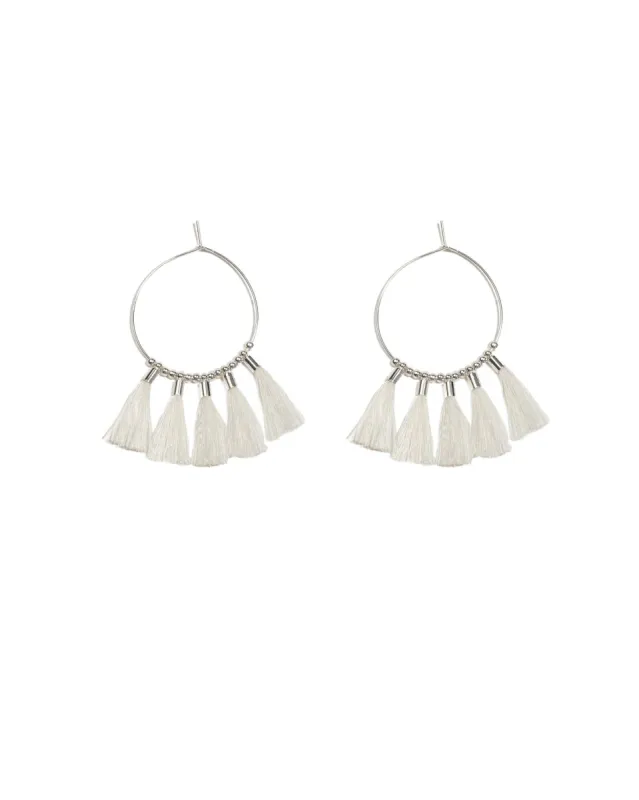 White Silver Tone Tassel Hoop Hoop Earrings sold by Collete Hayman