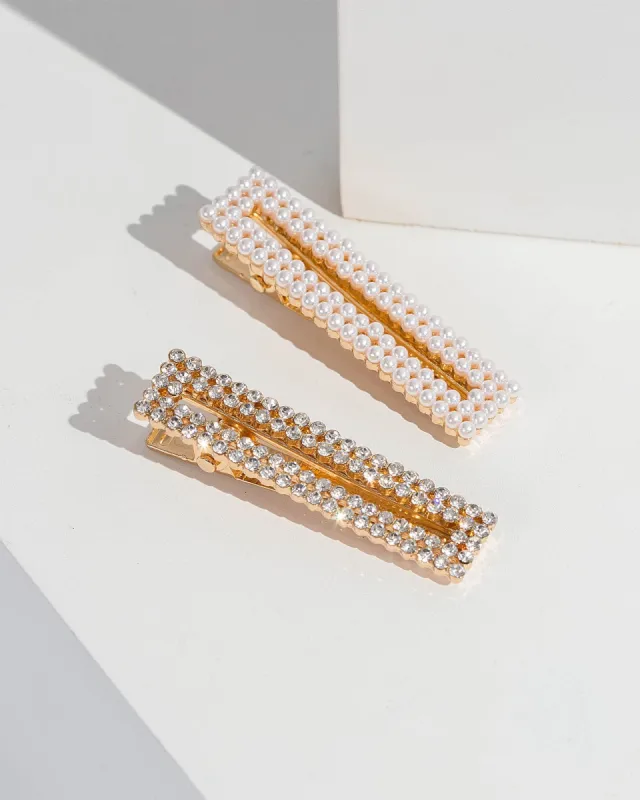 Multi Colour Rectangle Crystal And Pearl Hair Slides Pack sold by Collete Hayman