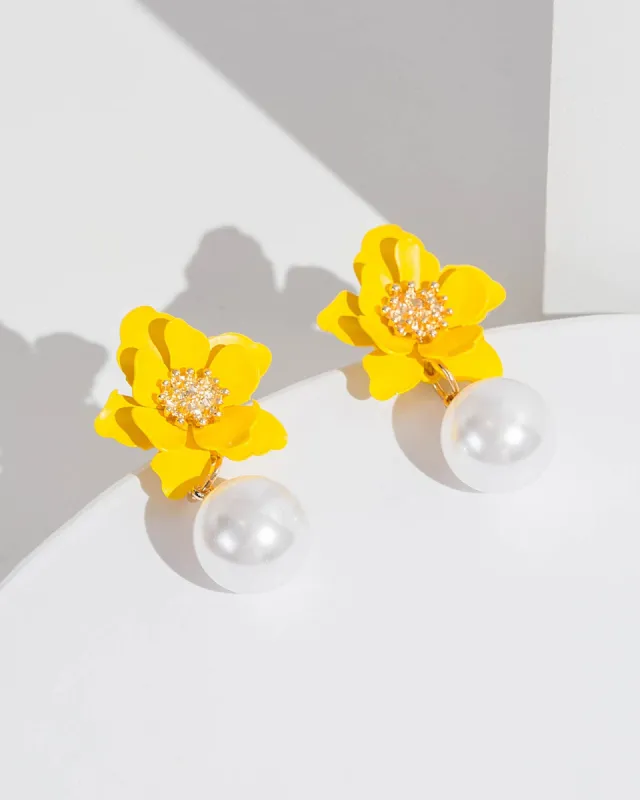 Yellow Flower And Pearl Drop Detail Earrings sold by Collete Hayman
