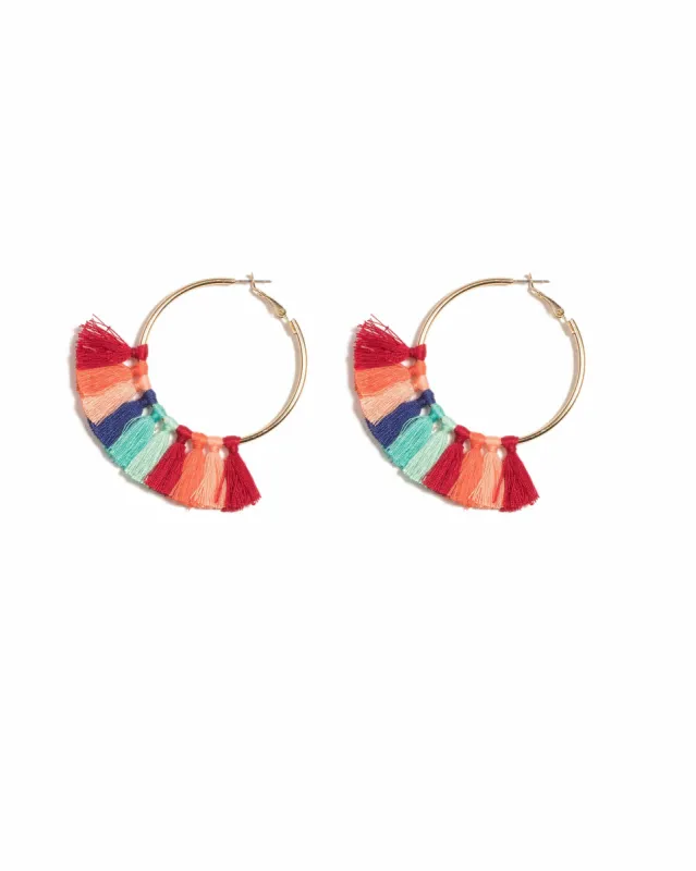 Multi Colour Gold Tone Multi Tassel Hoop Earrings sold by Collete Hayman