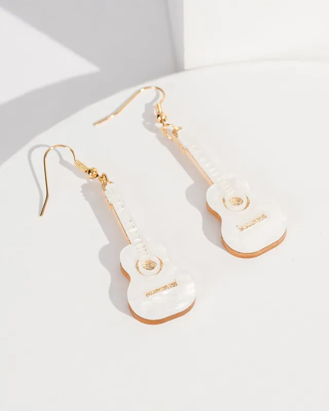 White Glitter Guitar Hook Drop Earrings sold by Collete Hayman