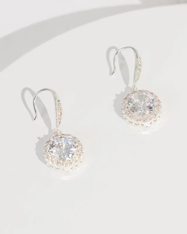 Silver Cubic Zirconia Framed Round Drop Earrings sold by Collete Hayman
