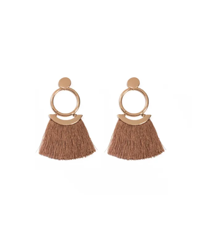 Brown Gold Tone Hanging Tassel On Drop Ring Earrings sold by Collete Hayman