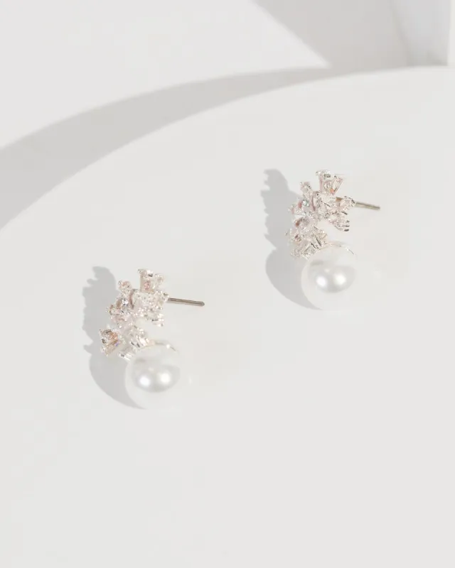 Silver Cubic Zirconia Cluster Pearl Stud Earrings sold by Collete Hayman