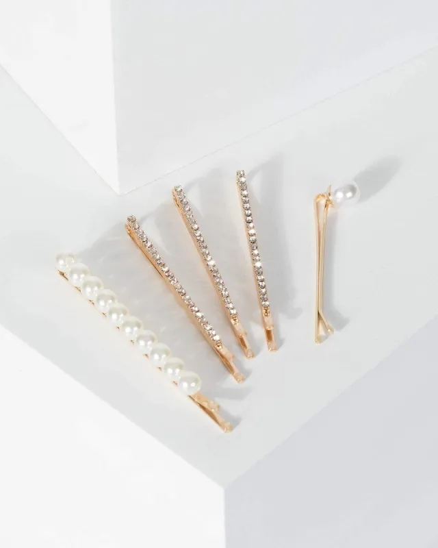 Gold Multi Pack Pearl And Diamante Hair Slides sold by Collete Hayman